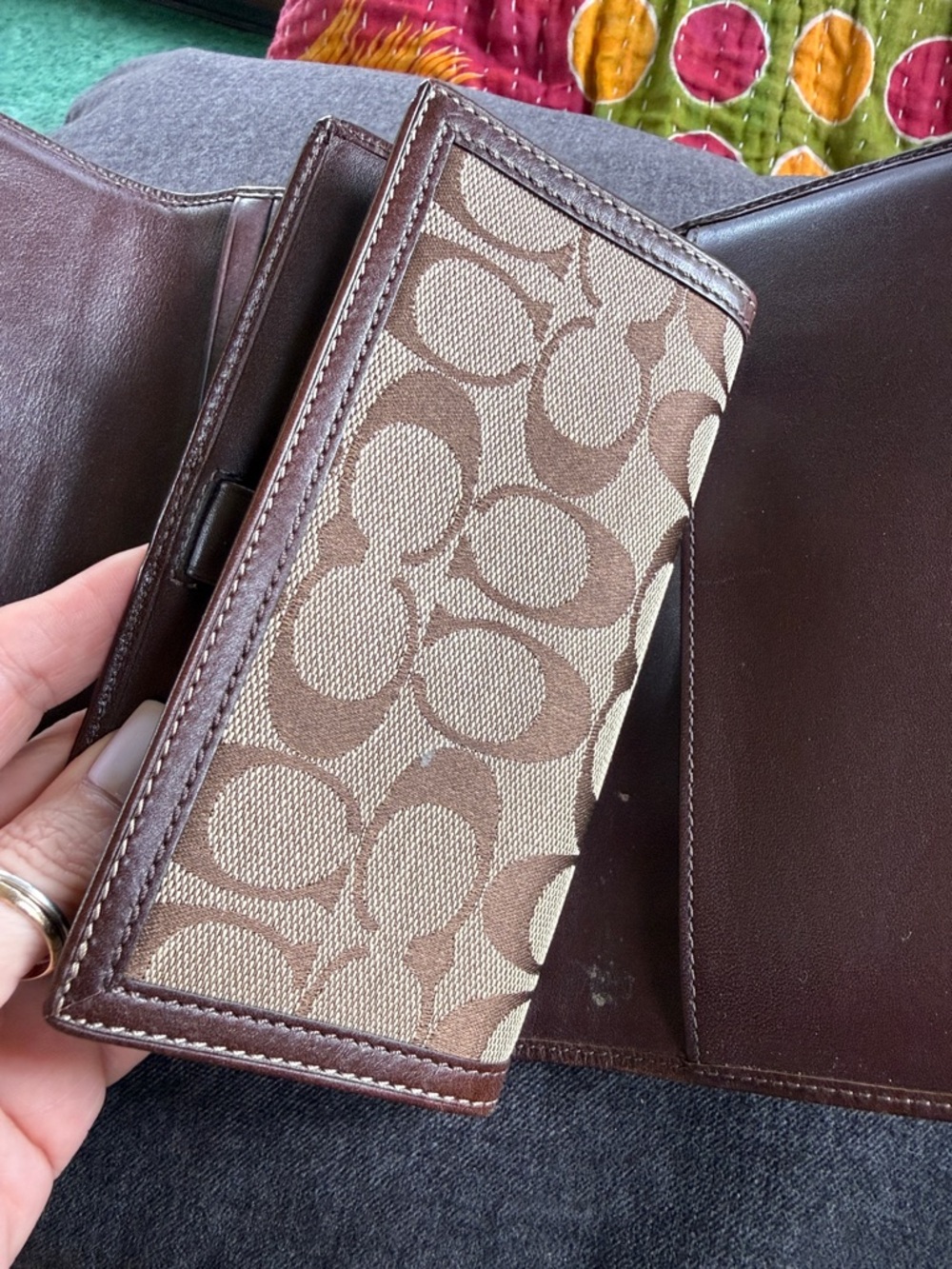 COACH Signature Checkbook Trifold Clutch Wallet With Jacquard Fabric & Leather - Picture 7 of 11